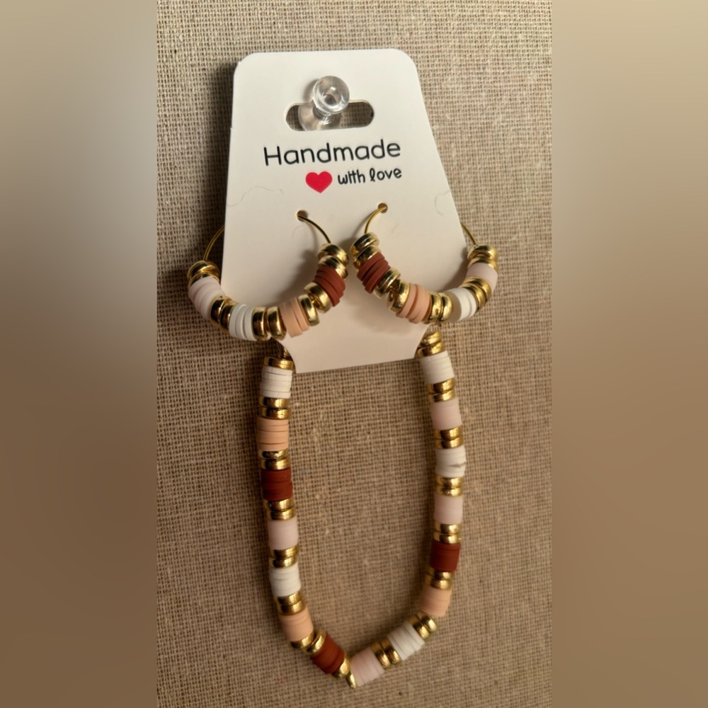 New Tan, Burgundy, White Bracelet and Hoop Earring Set